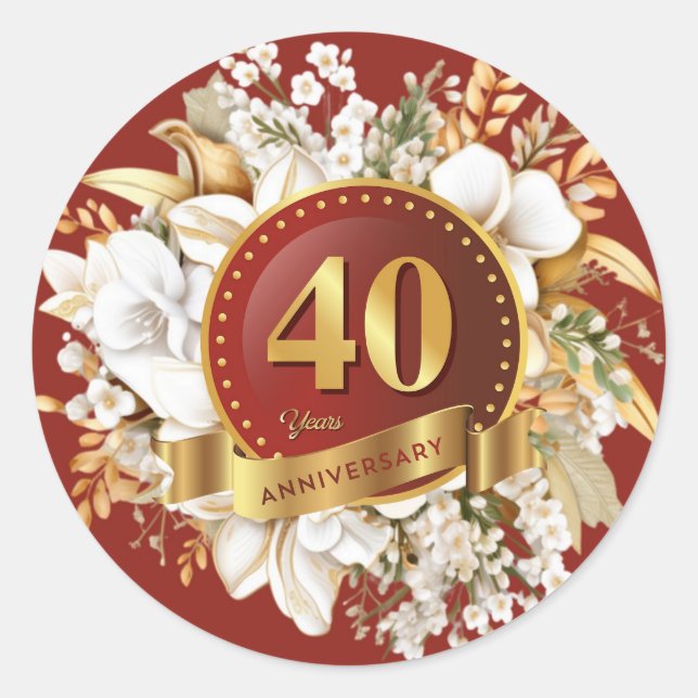 Burgundy And Gold Floral 40th Anniversary  Classic Round Sticker (Front)