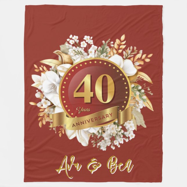 Burgundy And Gold Floral 40th Wedding Anniversary  Fleece Blanket (Front)