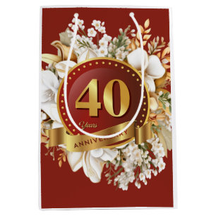 Burgundy And Gold Floral 40th Wedding Anniversary  Medium Gift Bag