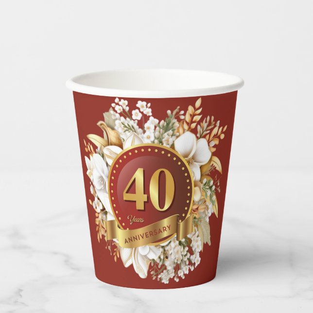 Burgundy And Gold Floral 40th Wedding Anniversary  Paper Cups (Front)