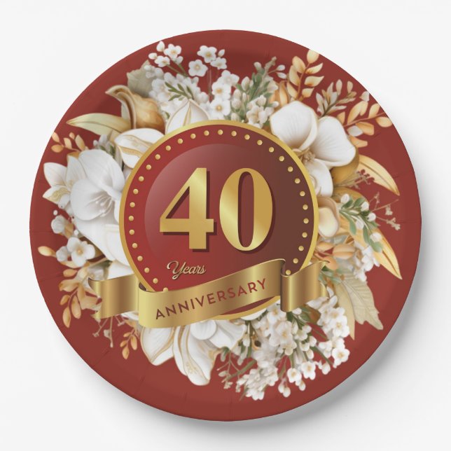 Burgundy And Gold Floral 40th Wedding Anniversary  Paper Plate (Front)