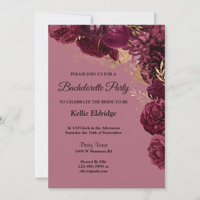 Burgundy And Gold Floral Bachelorette Party Invitation (Front)