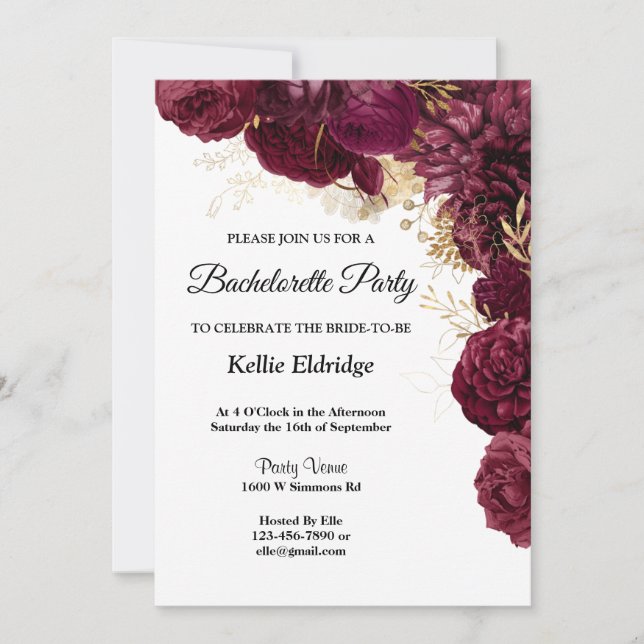 Burgundy And Gold Floral Bachelorette Party Invitation (Front)