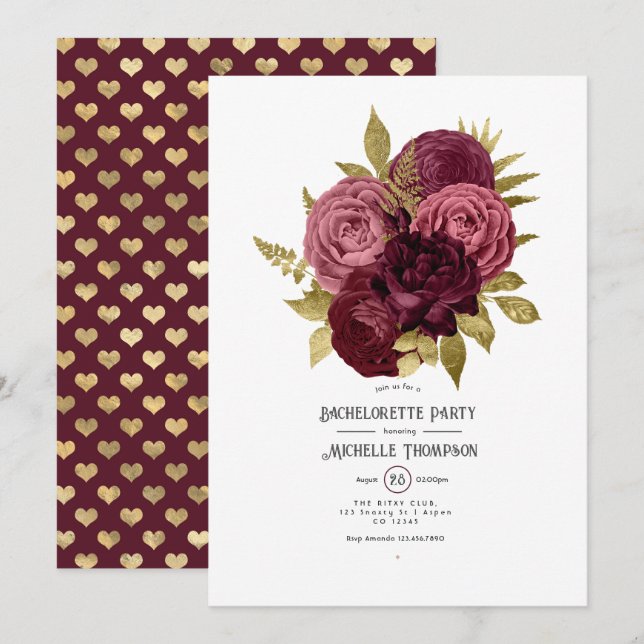Burgundy and Gold Floral Bachelorette Party Invitation (Front/Back)