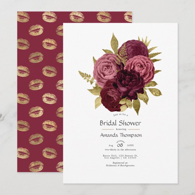 Burgundy and Gold Floral Bridal Shower Invitation (Front/Back)