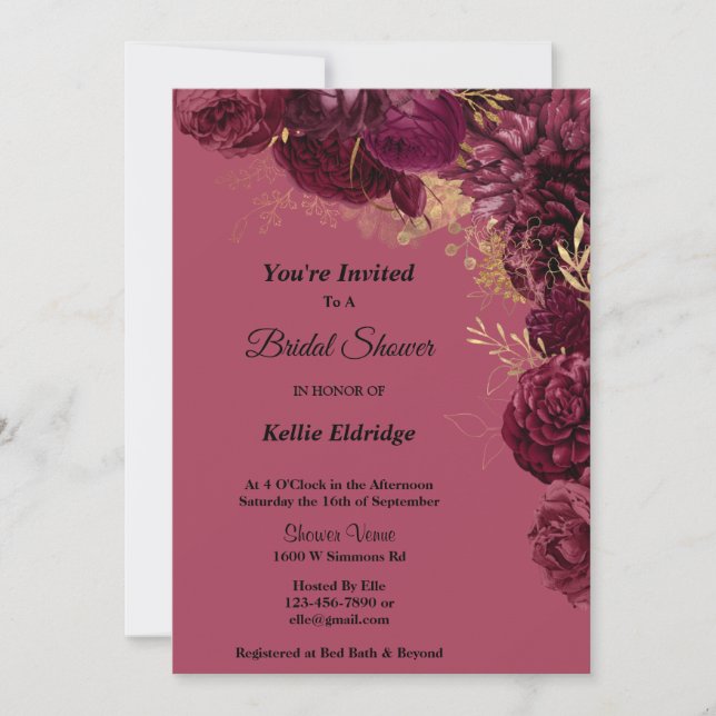Burgundy And Gold Floral Bridal Shower Invitation (Front)