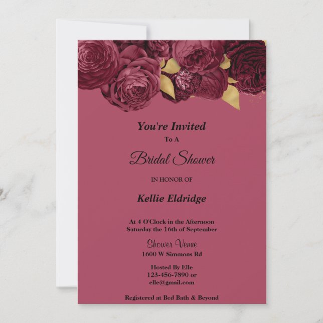 Burgundy And Gold Floral Bridal Shower Invitation (Front)