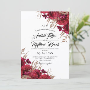 Burgundy and Gold Floral Calligraphy Wedding Invitation