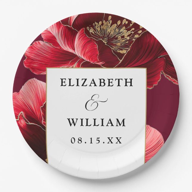 Burgundy And Gold Floral Elegant Modern Wedding Paper Plate (Front)