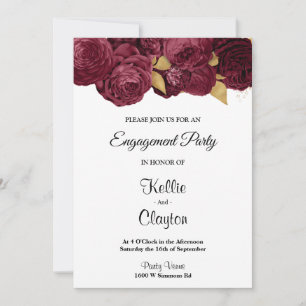 Burgundy And Gold Floral Engagement Party Invitation