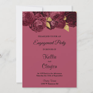 Burgundy And Gold Floral Engagement Party Invitation