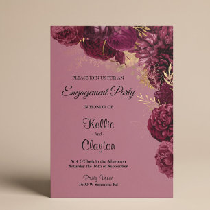 Burgundy And Gold Floral Engagement Party Invitation