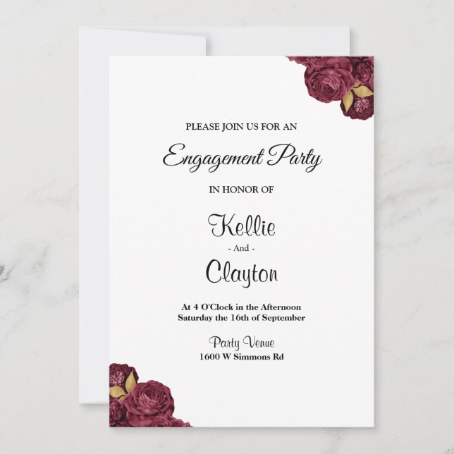 Burgundy And Gold Floral Engagement Party Invitation (Front)