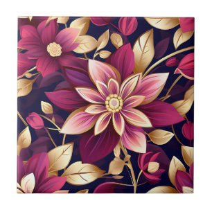 Burgundy And Gold Floral Explosion Tile