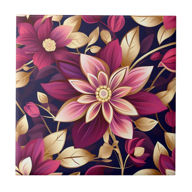 Burgundy And Gold Floral Explosion Tile (Front)