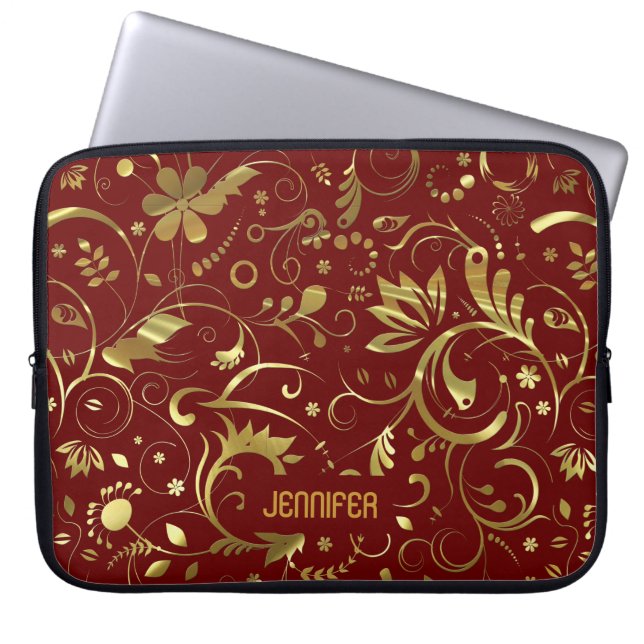 Burgundy And Gold Floral Fabric Pattern Laptop Sleeve (Front)