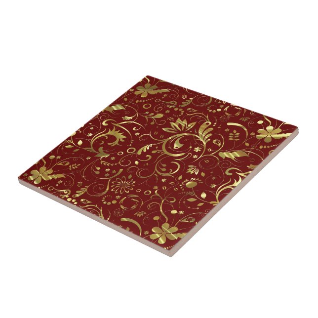 Burgundy And Gold Floral Fabric Pattern Tile (Side)