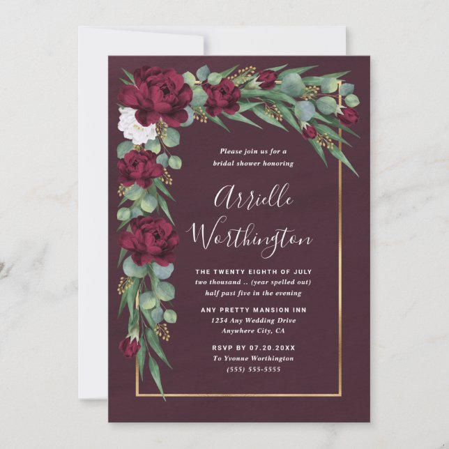 Burgundy and Gold Floral Fall Unique Bridal Shower Invitation (Front)