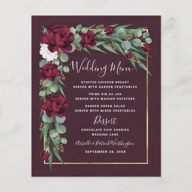 Burgundy and Gold Floral Fall Wedding Menu Cards (Front)