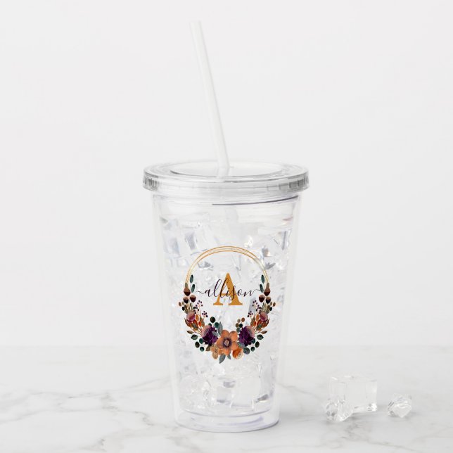 Burgundy and gold floral frame personalised   acrylic tumbler (Front Ice)
