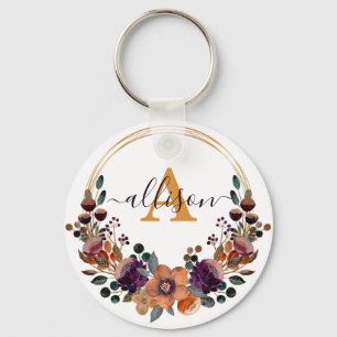 Burgundy and gold floral frame personalised   key ring