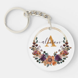 Burgundy and gold floral frame personalised key ring