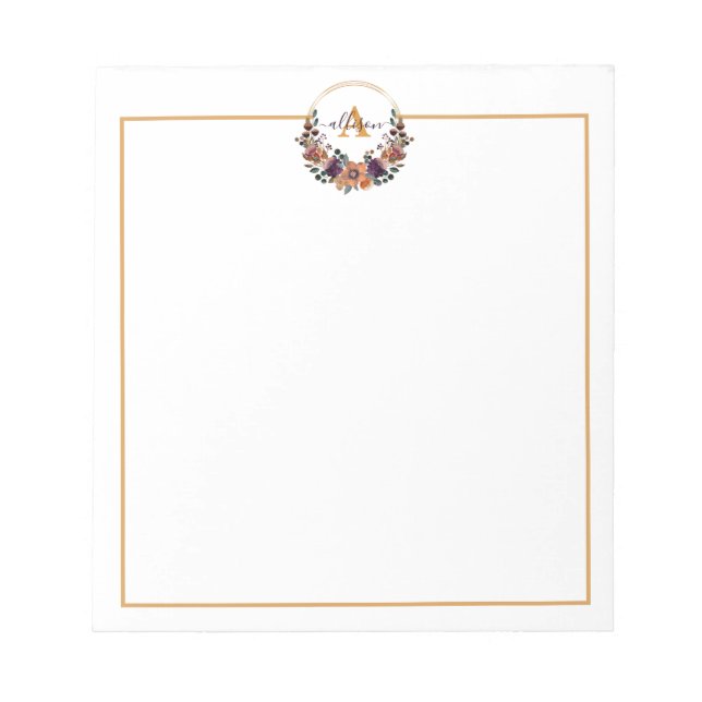 Burgundy and gold floral frame personalised   notepad (Front)