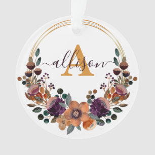 Burgundy and gold floral frame personalised ornament