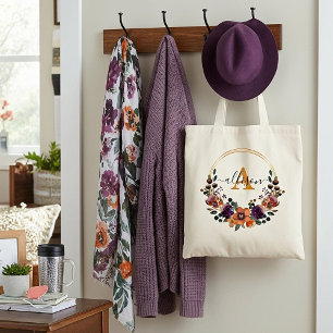 Burgundy and gold floral frame personalised   tote bag