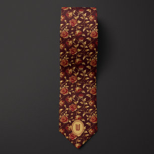 Burgundy and Gold Floral Monogram  Tie