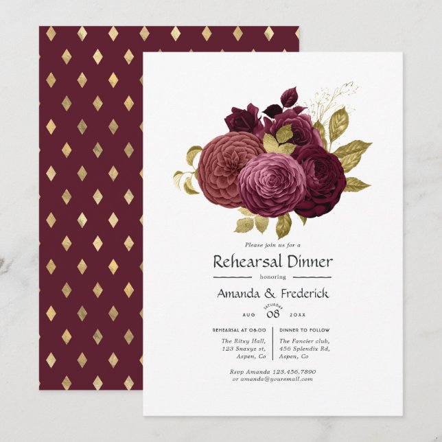 Burgundy and Gold Floral Rehearsal Dinner Invitati Invitation (Front/Back)