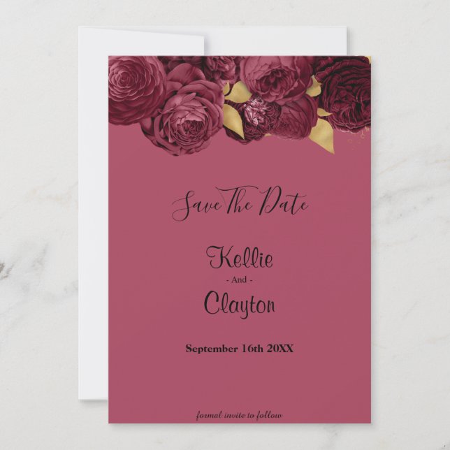 Burgundy And Gold Floral Save The Date (Front)