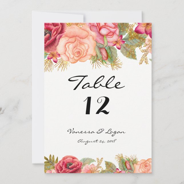 Burgundy and gold floral Table Number (Front)