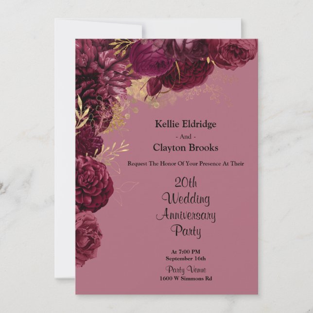 Burgundy And Gold Floral Wedding Anniversary Party Invitation (Front)