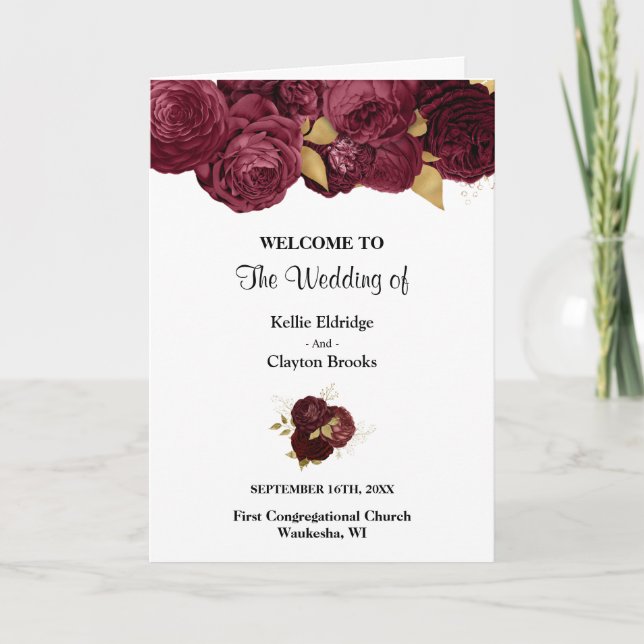 Burgundy And Gold Floral Wedding Folded Program Programme (Front)