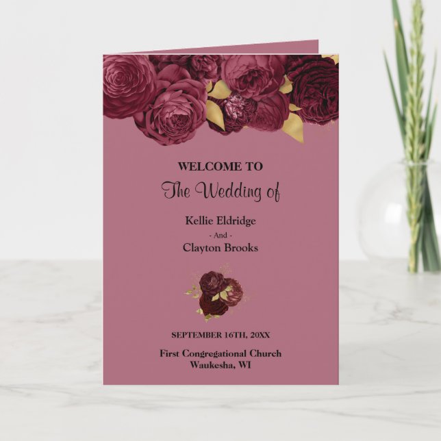 Burgundy And Gold Floral Wedding Folded Program Programme (Front)