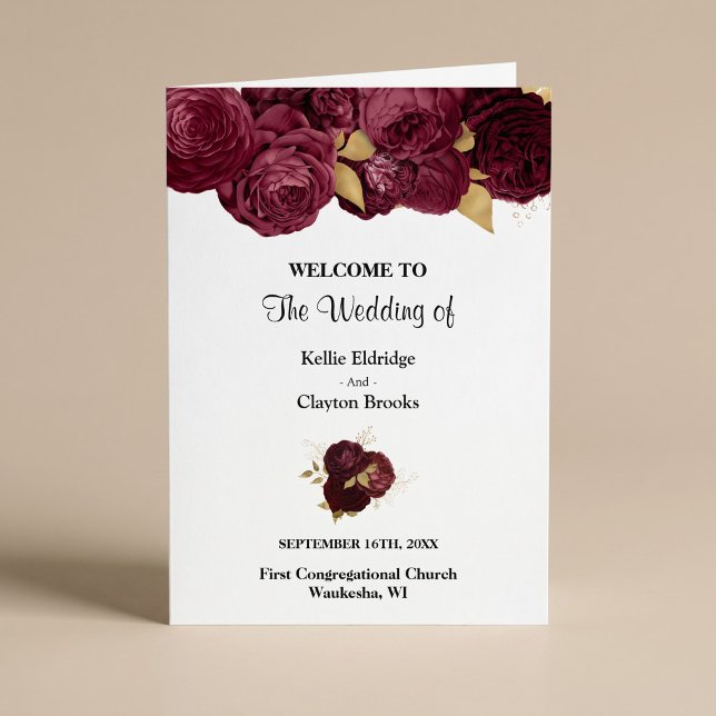 Burgundy And Gold Floral Wedding Folded Program Programme (Creator Uploaded)