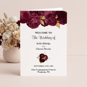 Burgundy And Gold Floral Wedding Folded Program Programme