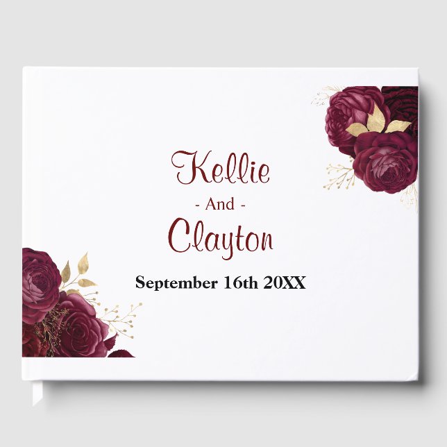 Burgundy And Gold Floral Wedding Guest Book (Front)