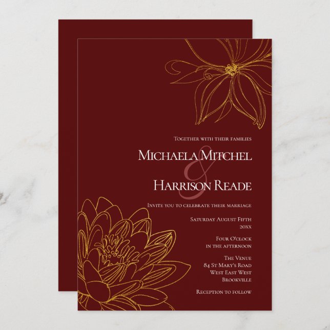 Burgundy and Gold Floral Wedding Invitation (Front/Back)