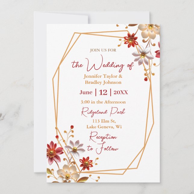 Burgundy and Gold Floral Wedding Invitation (Front)