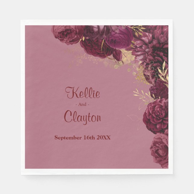 Burgundy And Gold Floral Wedding Napkins (Front)