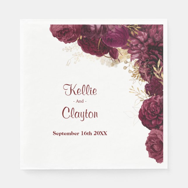 Burgundy And Gold Floral Wedding Napkins (Front)