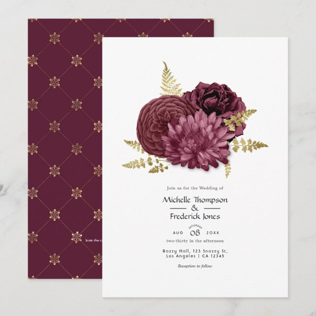 Burgundy and Gold Floral Wedding QR Code Invitatio Invitation (Front/Back)