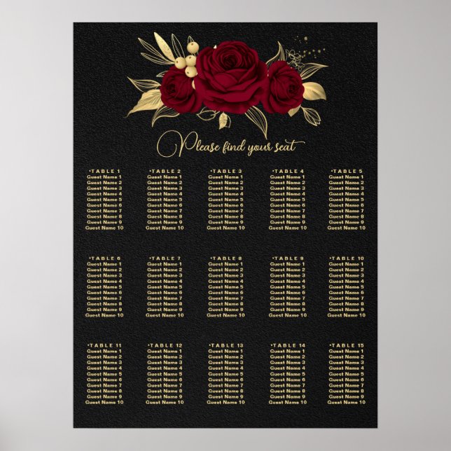 burgundy and gold floral wedding seating chart (Front)