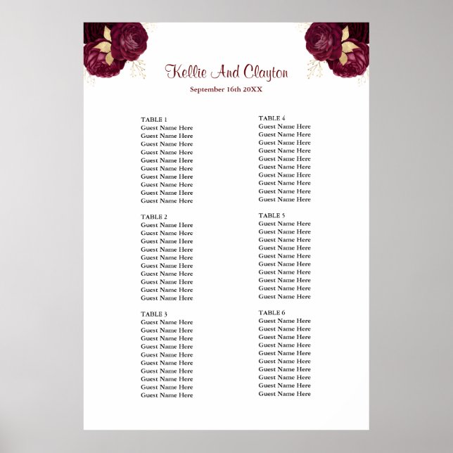 Burgundy And Gold Floral Wedding Seating Chart (Front)