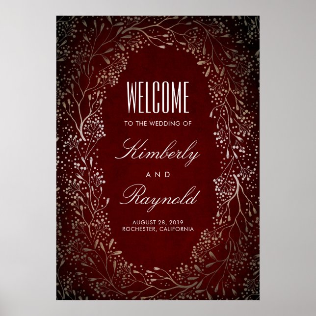 Burgundy and Gold Floral Wedding Welcome Sign (Front)