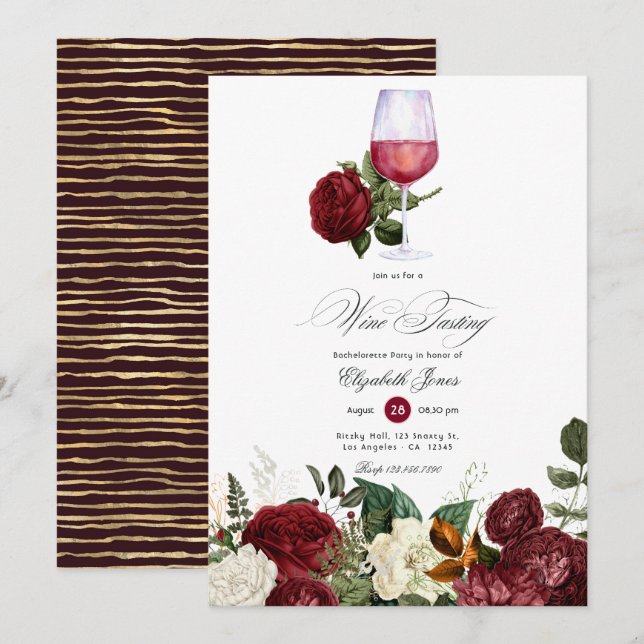 Burgundy and Gold Floral Wine themed Bachelorette Invitation (Front/Back)
