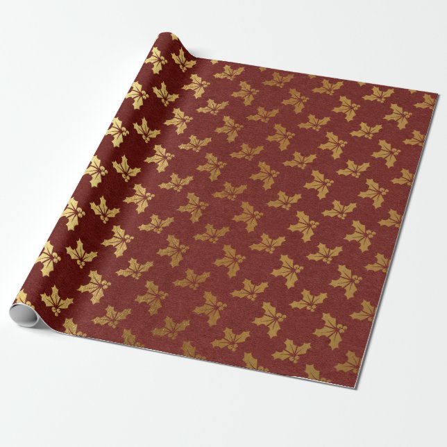 Burgundy and Gold foil Christmas Wrapping Paper (Unrolled)
