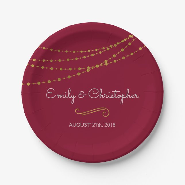 Burgundy and Gold Foil String Lights Plates (Front)